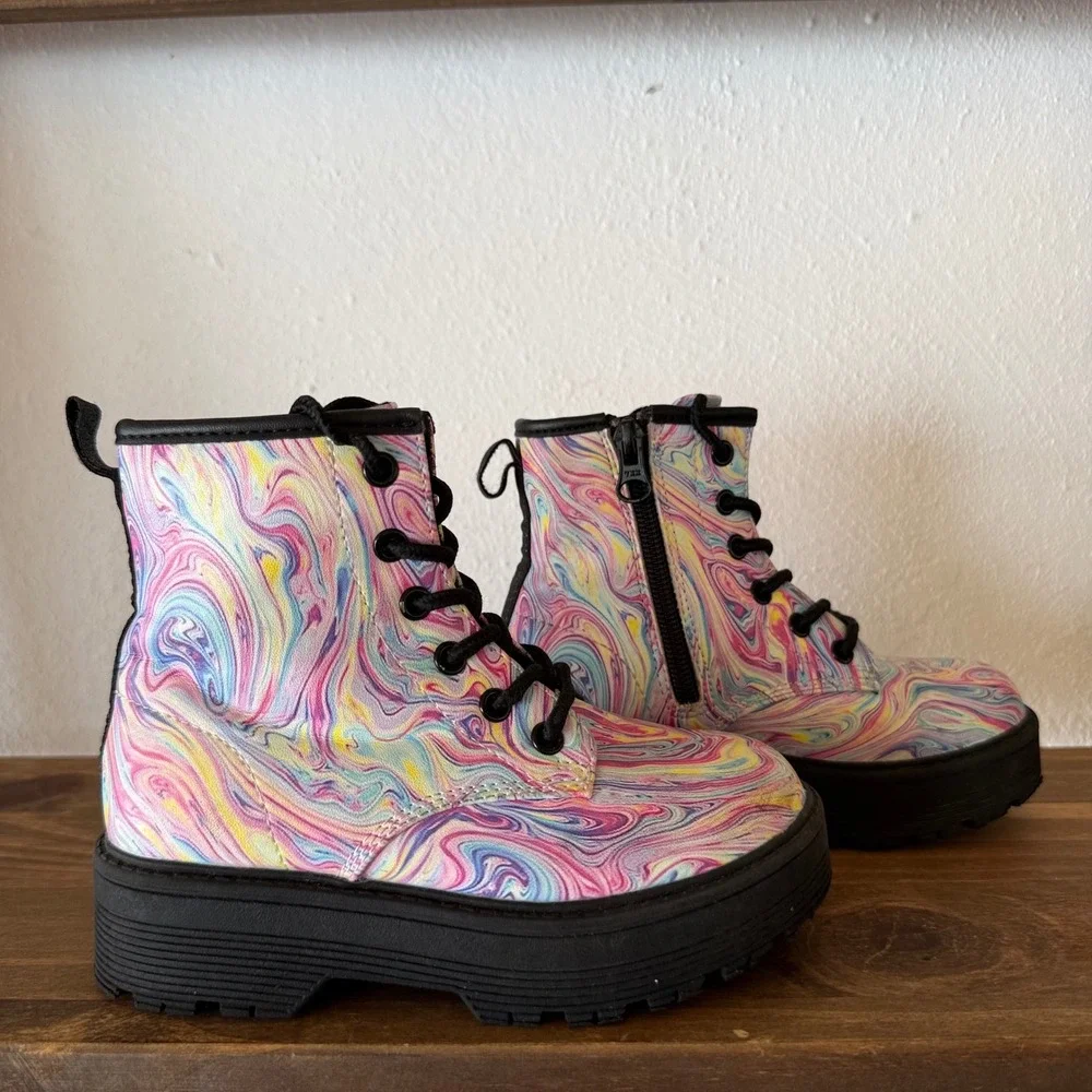 Lot of 2 Skechers Girls Combat Boots Black Patent & Multicolor Marble Size 11